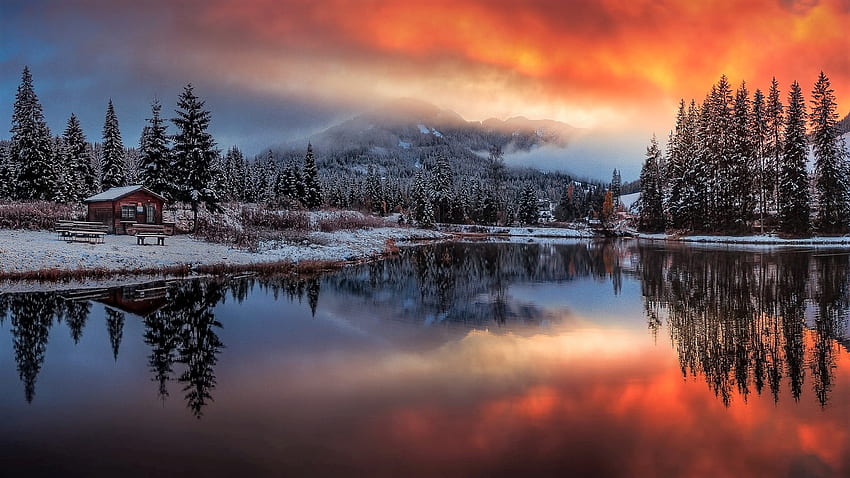 Sunset On The Lake Winter Sunset Lake House HD Wallpaper Pxfuel