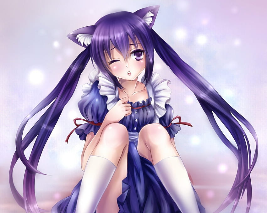 Sexy Neko Nekomimi Purple Hair Azusa Nakano Twin Tails Long Hair