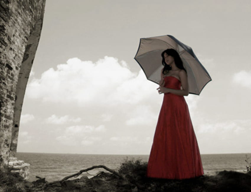 Lady In Red Sea Umbrella Colors Dress Beautyful Woman Clouds