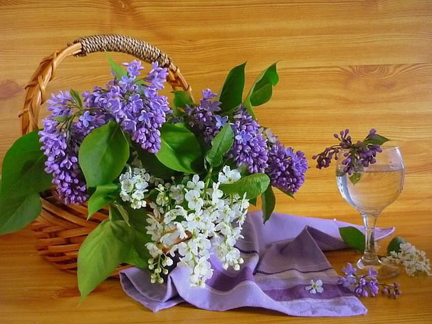 Loving Attention, basket, wine glass, vease, flowers, water HD wallpaper
