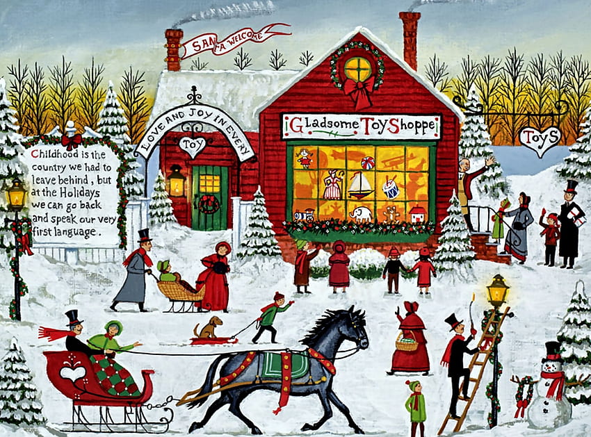 Gladsome Toy Shoppe , musim dingin, kuda, arsitektur, seni, cantik, lanskap kota, karya seni, pemandangan, layar lebar, lukisan, salju, kuda, kereta luncur Wallpaper HD