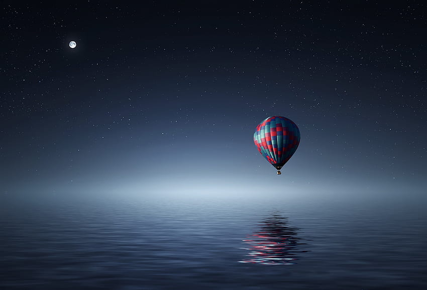 Serenity, night, blue, sea, air balloon, moon, red, luna, water HD wallpaper