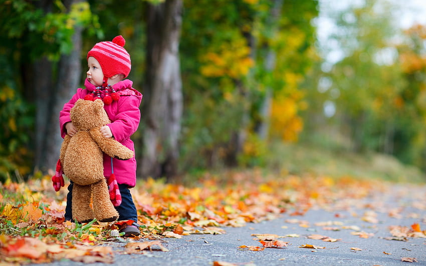 Child Girl Bear Toy Autumn Leaves Nature, Happy Nature HD wallpaper