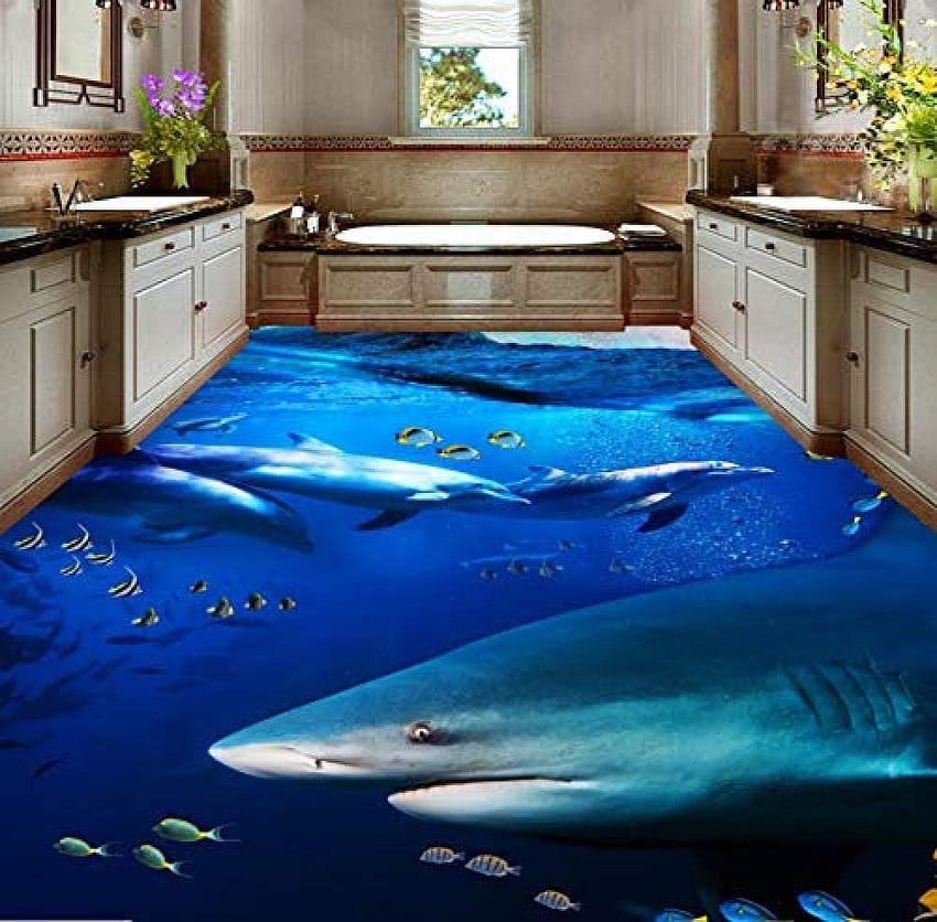 FSLUCKY 美的 オーシャン サメ イルカ トイレ 寝室 3D フロア 防水 リビングルーム バスルーム キッチン 3D フローリング 壁画 E .uk: DIY & Tools, Shark Aesthetic 高画質の壁紙