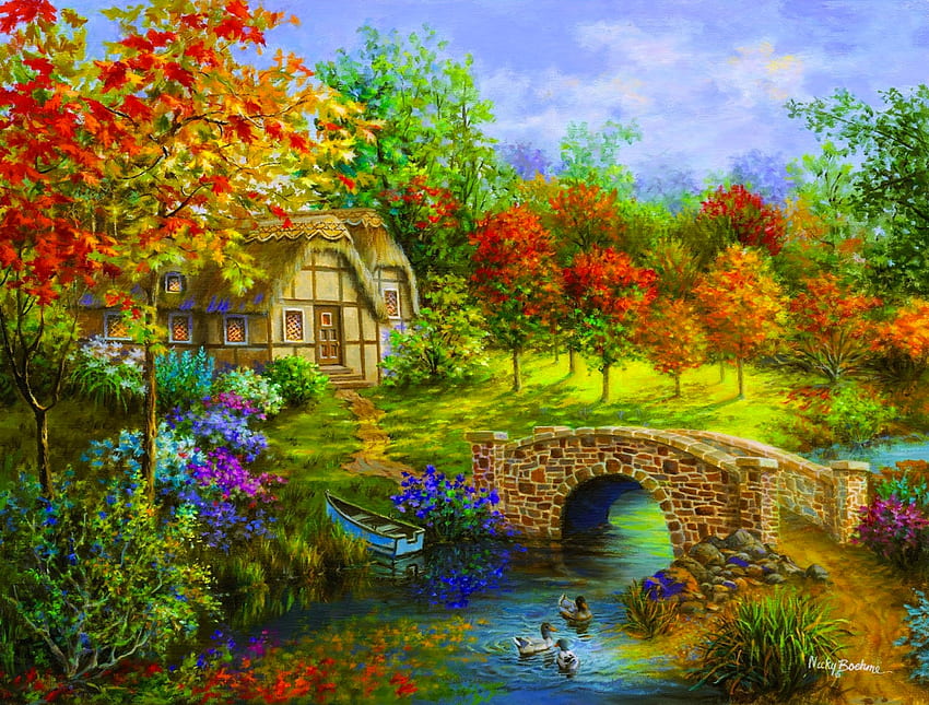 Есен, река, изкуство, къща, Ники Бьоме, дърво, езеро, , , зелено, червено, мост, къщичка, светлини HD тапет