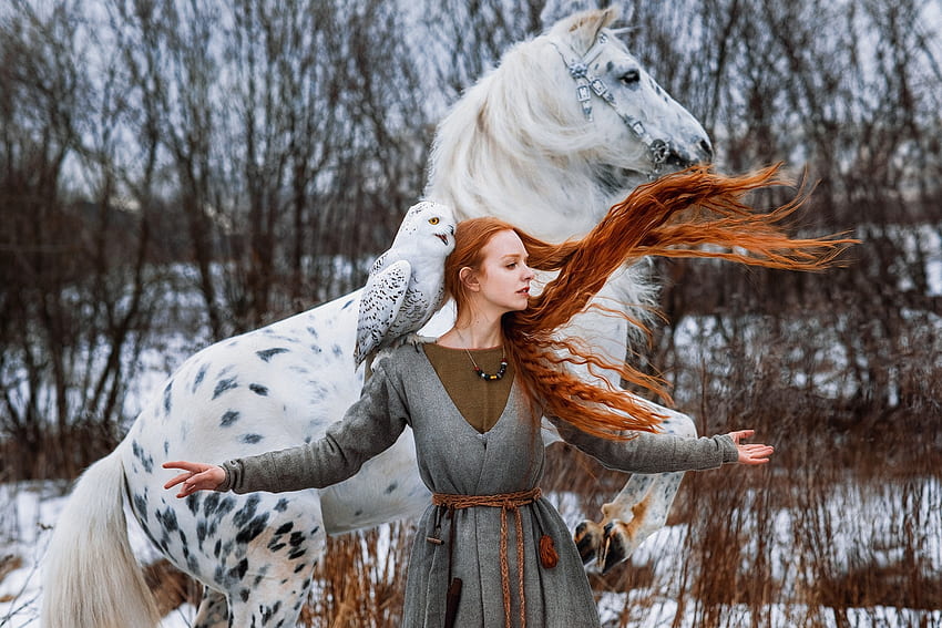 :), woman, aleksandra savenkova, model, white, horse, bird, girl, owl, wind, bufnita, redhead, pasari HD wallpaper