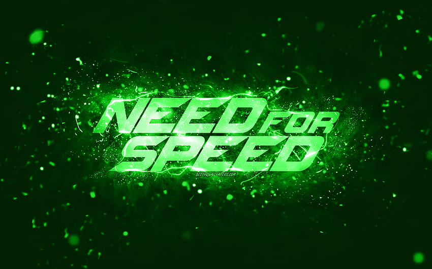 Logo Need for Speed ​​hijau,, NFS, lampu neon hijau, kreatif, latar belakang abstrak hijau, logo Need for Speed, logo NFS, Need for Speed Wallpaper HD