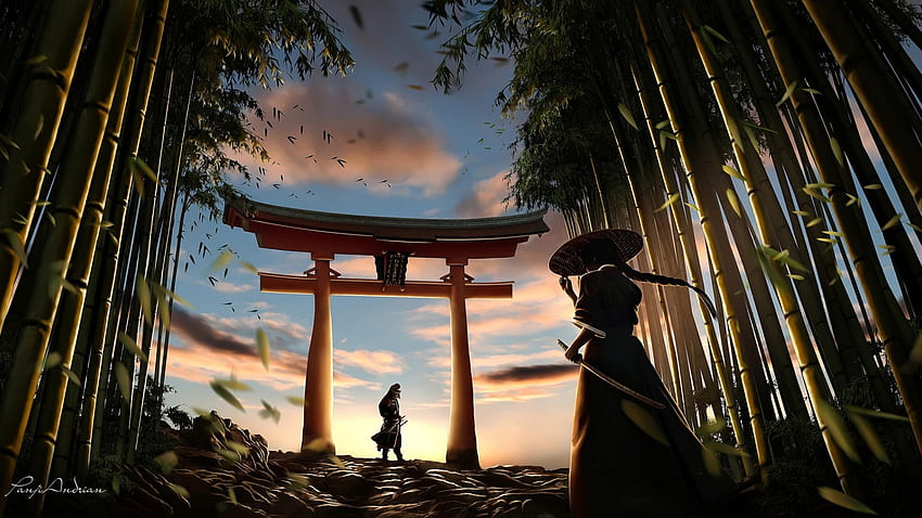 Samuraj, Fantasy Men, Torii, Las, Drzewa, Sceneria, Azjaci na panoramiczny ekran, Samurajski kraj Tapeta HD