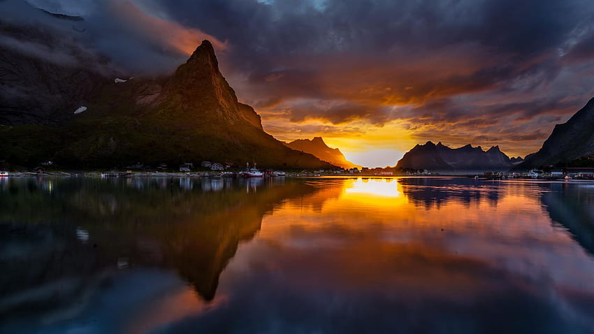 tramonto, norvegia, reine, paesaggio, montagne, lago Sfondo HD