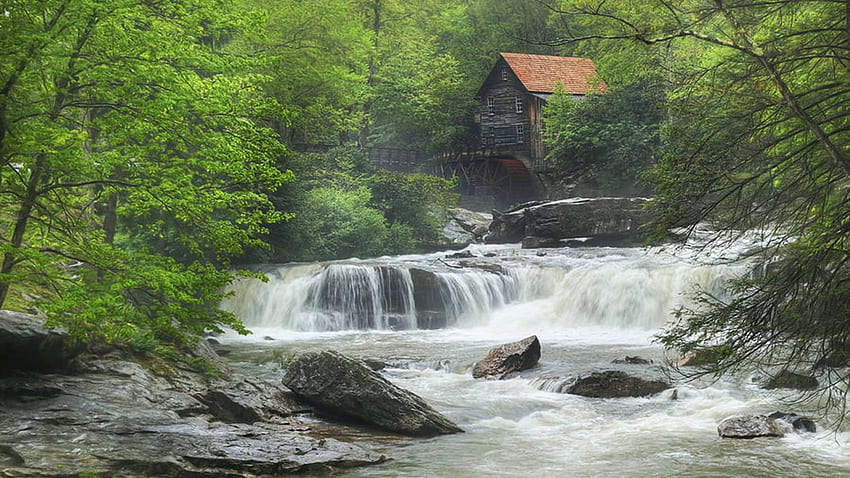 Glade Creek Waterfalls, West Virginia, watermill, rocks, cascade, river, trees, usa HD wallpaper
