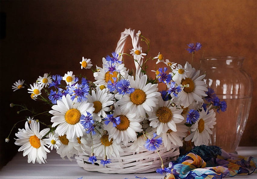Daisies and cornflowers, Flowers, Daisies, Basket, Cornflowers HD wallpaper