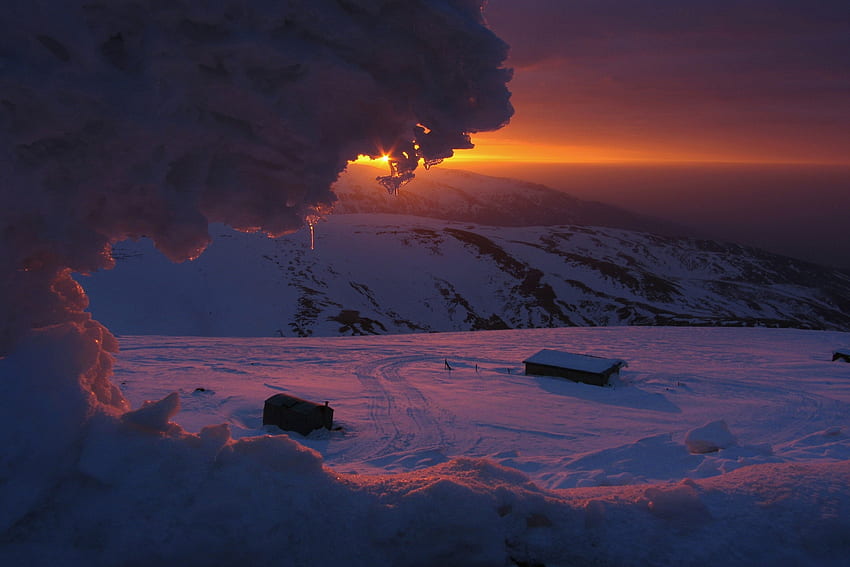 ฤดูหนาว ธรรมชาติ พระอาทิตย์ตก ภูเขา น้ำแข็ง สนธยา หิมะ พลบค่ำ ความมืด ความเย็น วอลล์เปเปอร์ HD