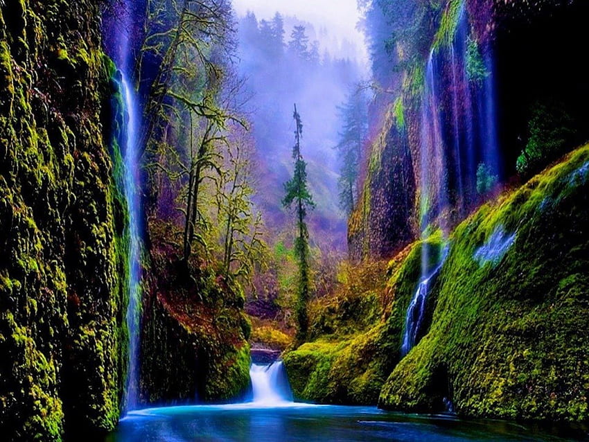 Colorful Waterfalls, mist, river, sunny, flow, waterfall, rocks HD wallpaper