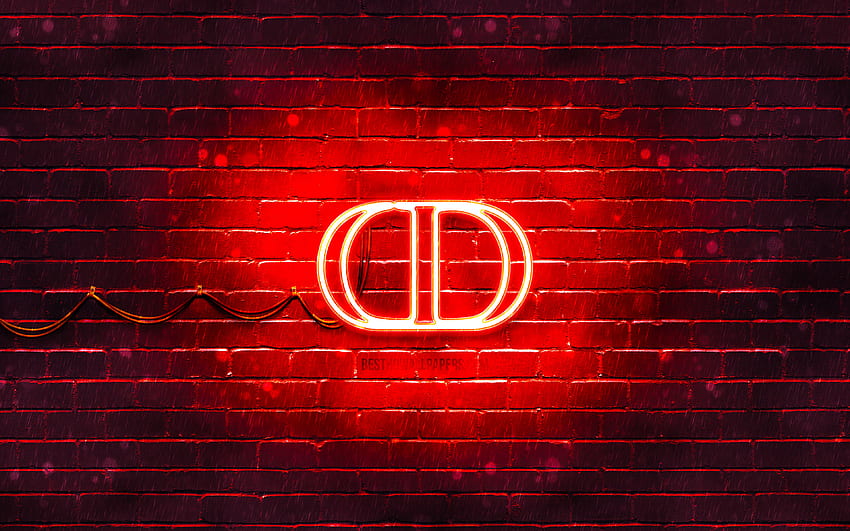 Christian Dior red logo, , red brickwall, Christian Dior logo, fashion brands, Christian Dior neon logo, Christian Dior HD wallpaper
