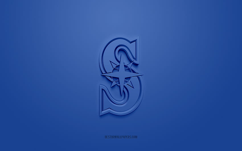 시애틀 매리너스 엠블럼, 독창적인 3D 로고, 파란색 배경, 미국 야구 클럽, MLB, 시애틀, 미국, 시애틀 매리너스, 야구, 시애틀 매리너스 휘장 HD 월페이퍼