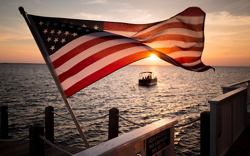USA flag, evening, sunset, American flag, USA, ocean coast, Flag of USA HD wallpaper