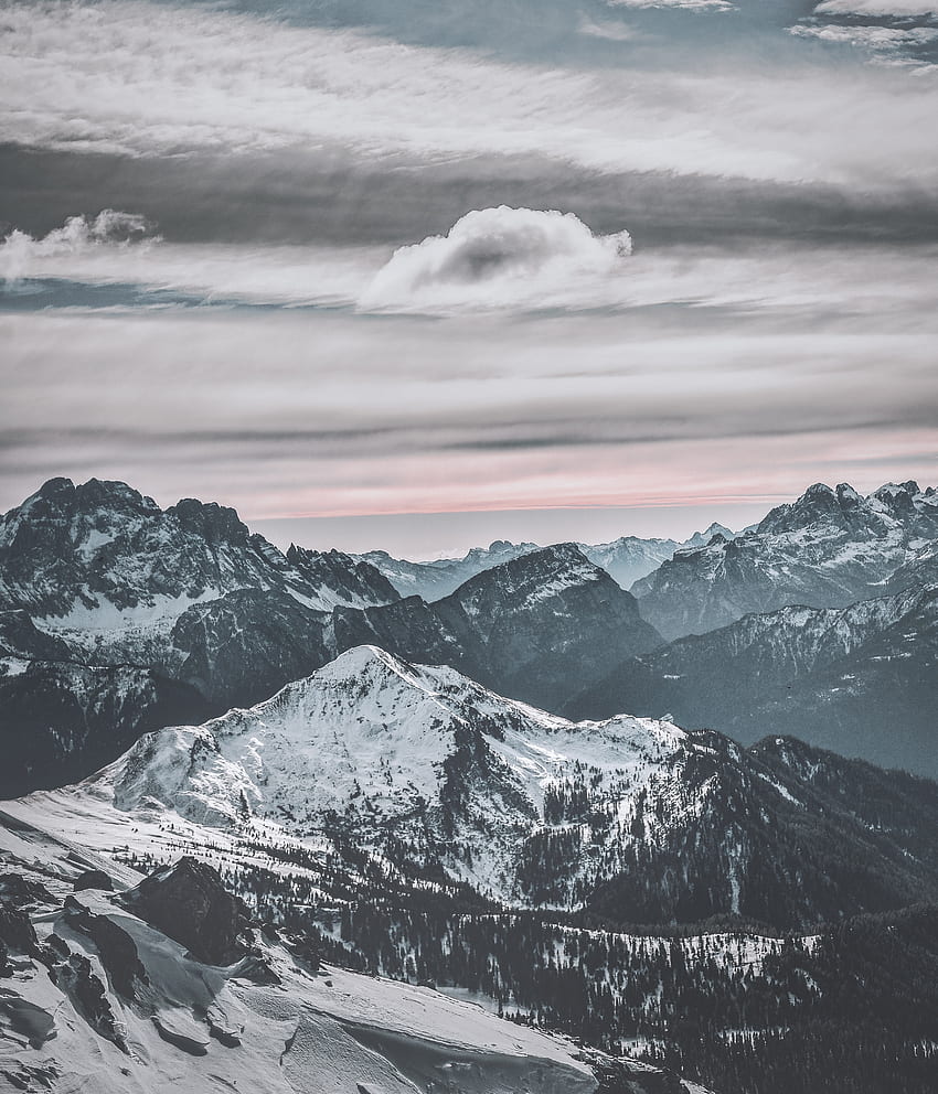 dağlar, tepe, kar, kış, gün batımı, doğa HD telefon duvar kağıdı