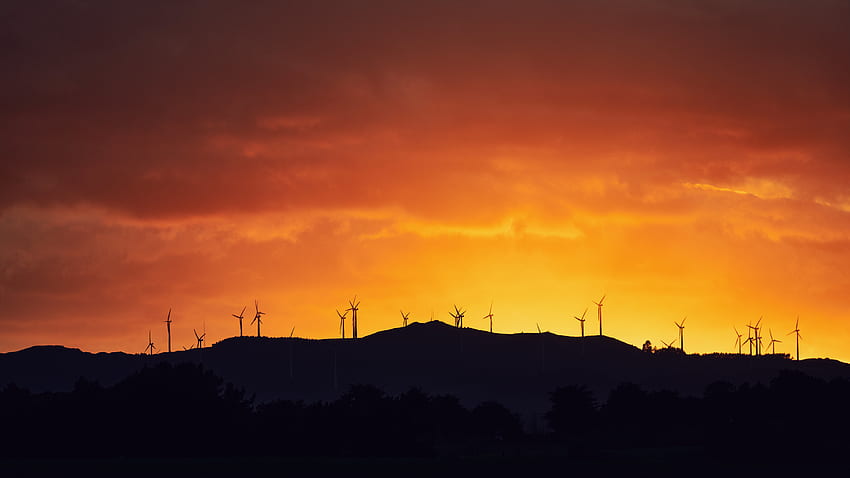 Sunset, Sky, Mountains, Dark, Silhouette, Windmills HD wallpaper