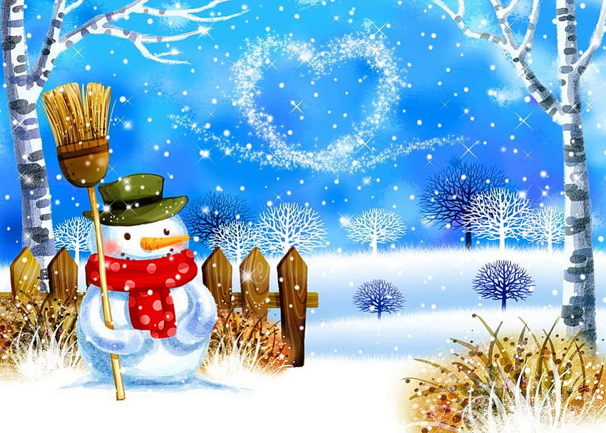 Bonhomme de neige doux, hiver, coloré, amusant, mignon, agréable, jour, flocons de neige, vacances, neige, clôture, arbres, lovel, doux, souriant, gel, gelé, humeur, froid, balai, beau, bonhomme de neige, bouleau, joli, noël , branches, ciel, coeur, joie, charmant, glace Fond d'écran HD