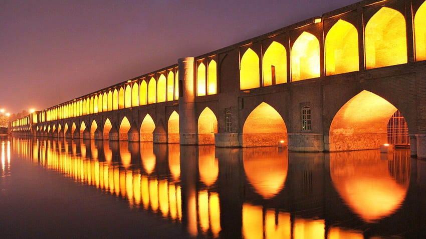 Kota, Malam, Kilau, Cahaya, Struktur, Jembatan, Iran, Isfahan Wallpaper HD