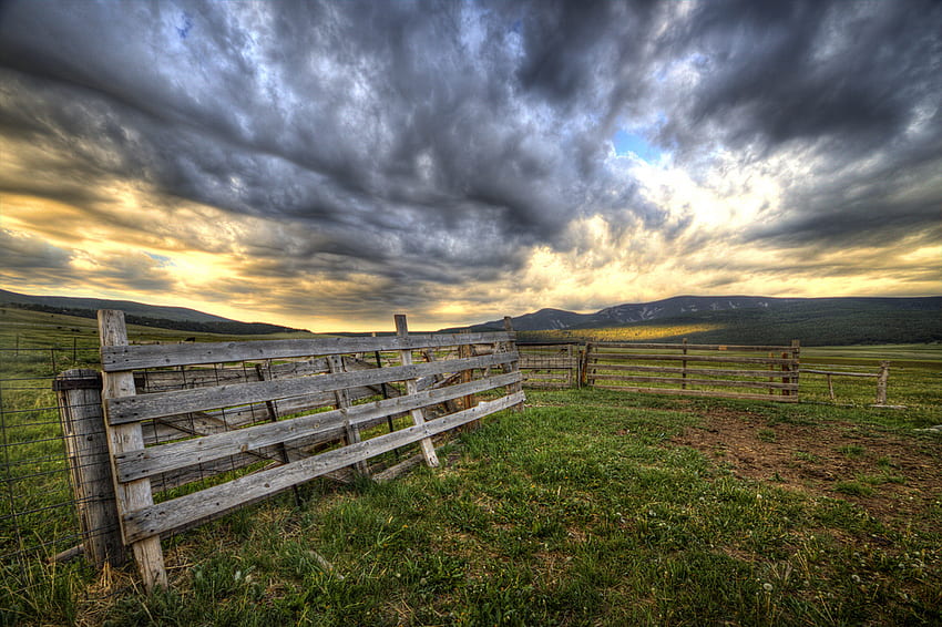 Down in the Valley, blue, wooden, landscape, grass, skyscape, gray, valley, yellow, fence, clouds, mountains HD wallpaper