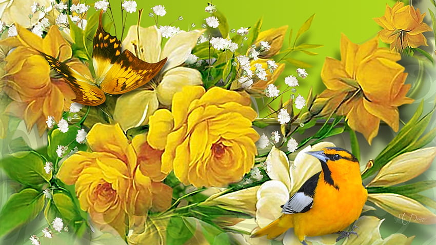 Natura w złocie, lato, ptaki, oddech dzieci, motyl, żółty, kwiaty, złoto, motyw Firefox Persona Tapeta HD