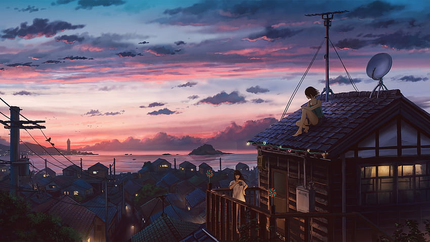 Fille de la ville balnéaire assise sur le toit, beau paysage d'anime - 8 Fond d'écran HD