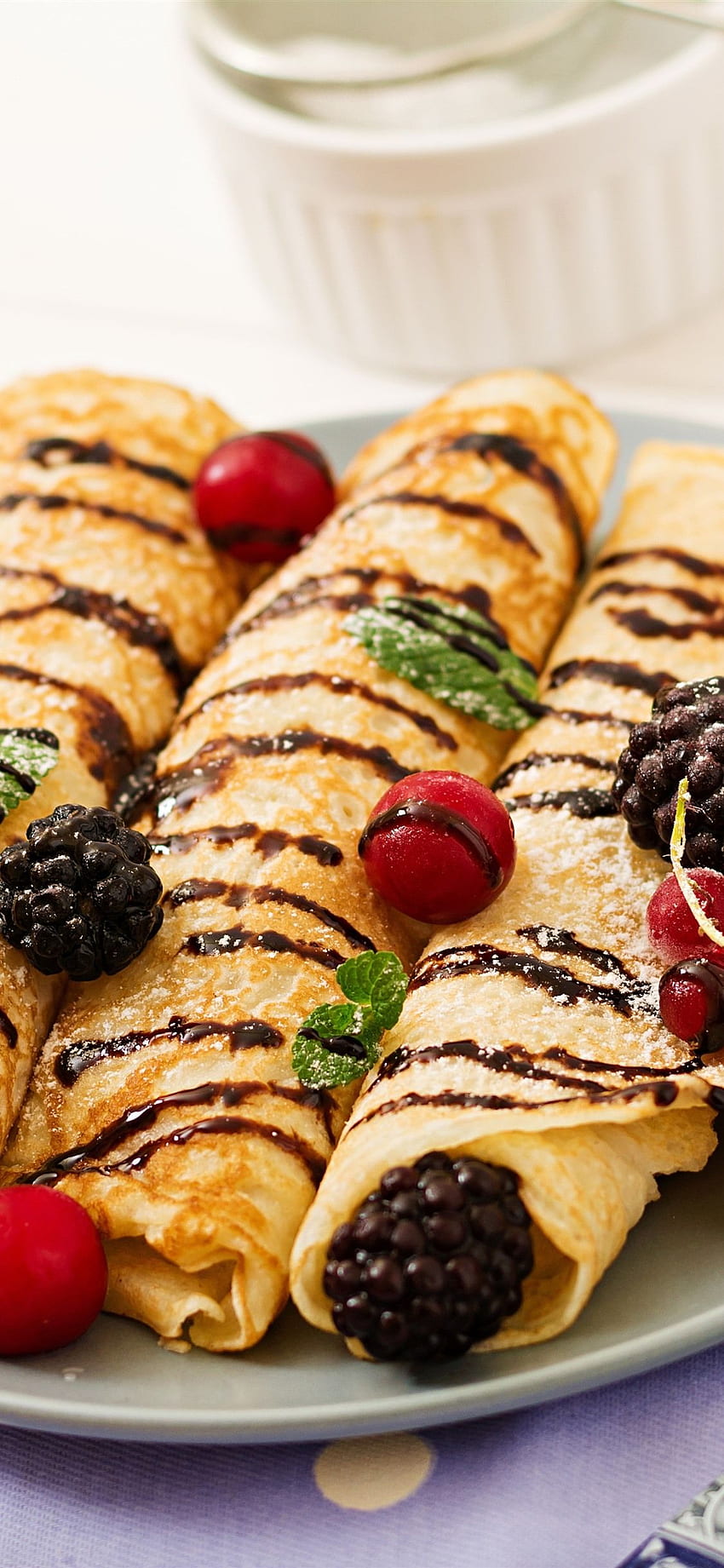 Pancake rolls, berries, meal, jam, fork U ,, Crepe HD phone wallpaper