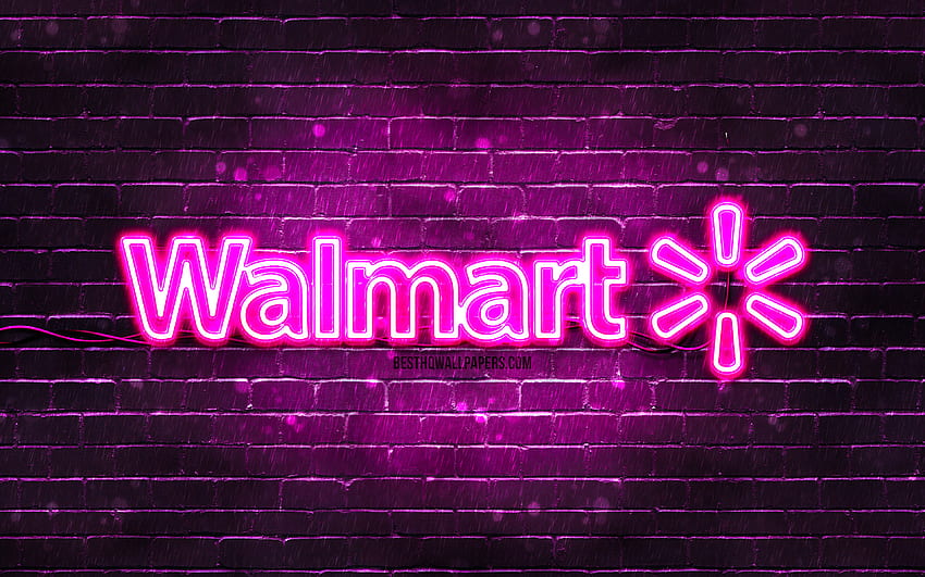 Fioletowe logo Walmart, fioletowa ściana z cegły, logo Walmart, marki, neonowe logo Walmart, Walmart Tapeta HD