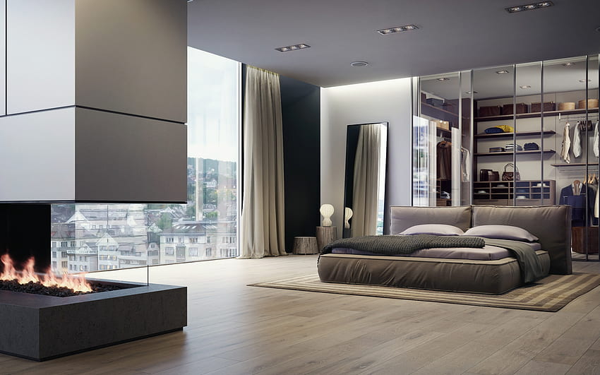 стилен интериорен дизайн на спалня, камина в спалнята, модерен интериор, прозорци от пода до тавана, спалня, идея за спалня HD тапет
