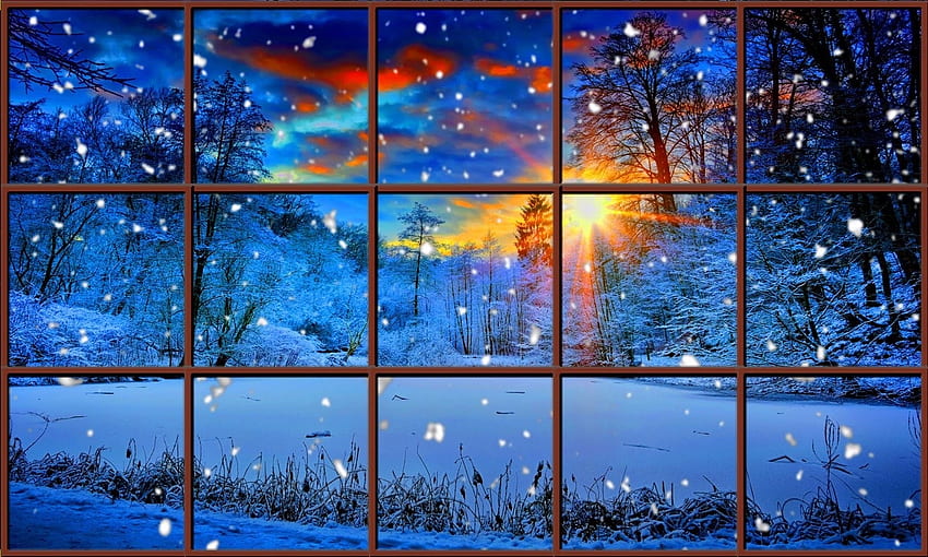Soleil couchant d'hiver, hiver, neige, fenêtre, scénique, vue, su, coucher de soleil Fond d'écran HD