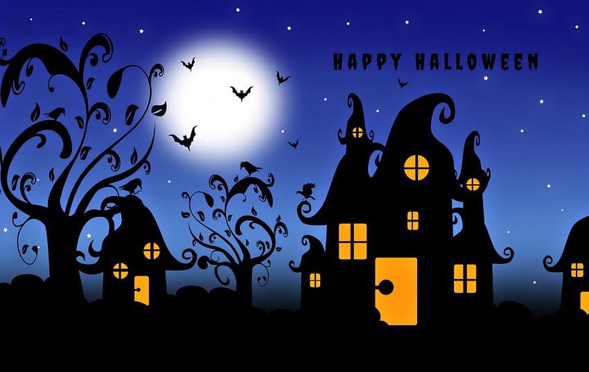 Joyeux Halloween!, nuit, bleu, halloween, lune, jaune, maison, chauve-souris, arbre Fond d'écran HD