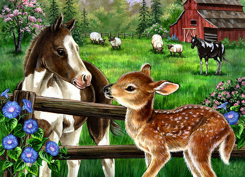 New Neighbors FC, animal, horse, art, beautiful, illustration, colt, artwork, wide screen, painting, fawn, sheep, deer, equine, flowers, foal HD wallpaper