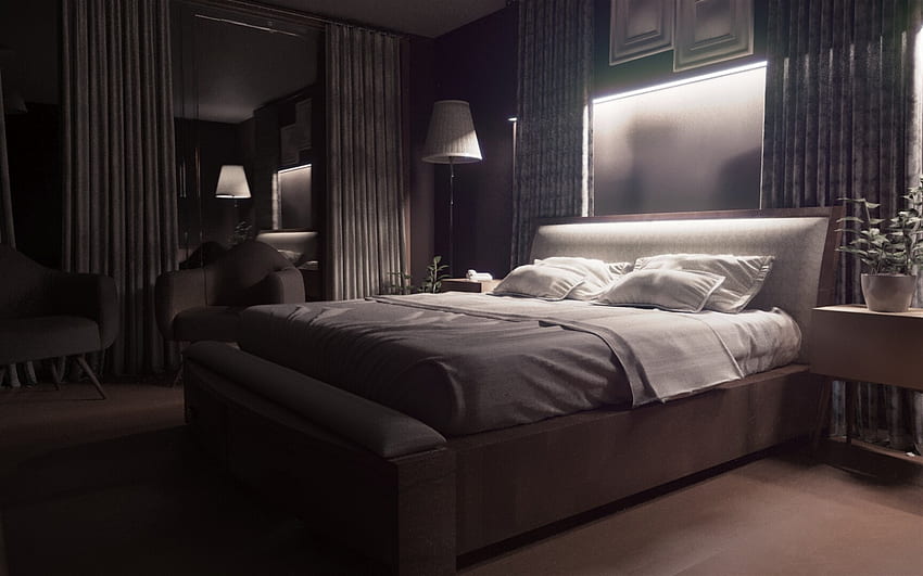 şık yatak odası tasarımı, yatak odasında gri duvarlar, modern iç tasarım, yatak odası fikri HD duvar kağıdı