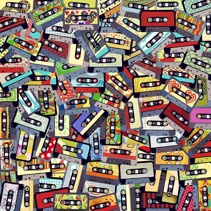 Musica, multicolore, eterogeneo, collage, cassette audio, cassette a nastro Sfondo del telefono HD