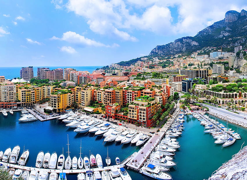 Fontvieille, Mónaco, bahía, muelle, barcos, centro, Fontvieille, muelle, Mónaco, mar, ciudad, hermosa, Europa, verano, descanso, vista, cielo, encantador, resort fondo de pantalla