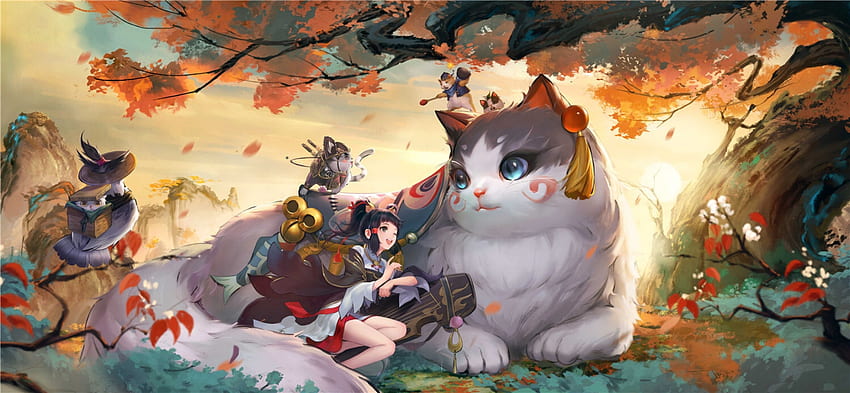 gato gigante, fantasia, pisici, outono, menina, gato, gigante, toamna, g h f art studio papel de parede HD