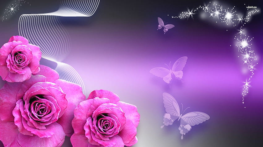 蝶 Rosebuds 蝶とピンクのバラ デジタル - 紫のバラの背景 - & 背景、紫の花と蝶 高画質の壁紙