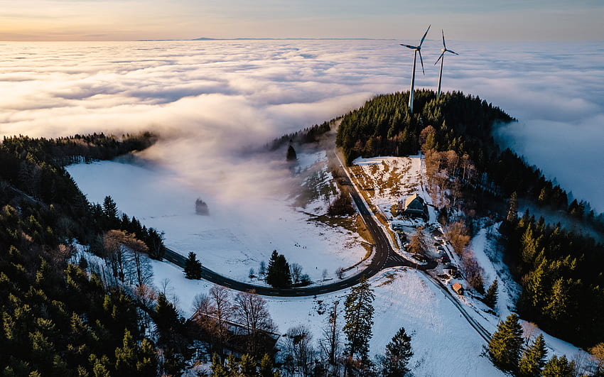 Wind Turbines, view, wind turbin, fog, valley HD wallpaper