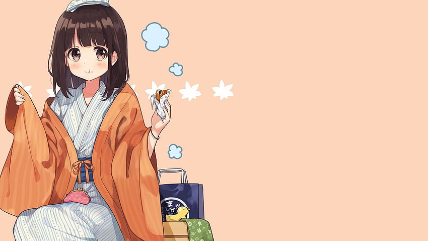 Anime Girls Schoolgirl Anime Kimono Yukata Simple Background Manga Minimalism Anime Girls Eating HD duvar kağıdı