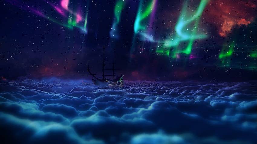 Sea of clouds, aurora, ship, digital, colors, clouds, sky, stars HD