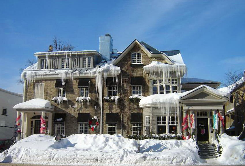 カナダの冬、冬、つらら、雪、寒さ、雪の土手、カナダ 高画質の壁紙