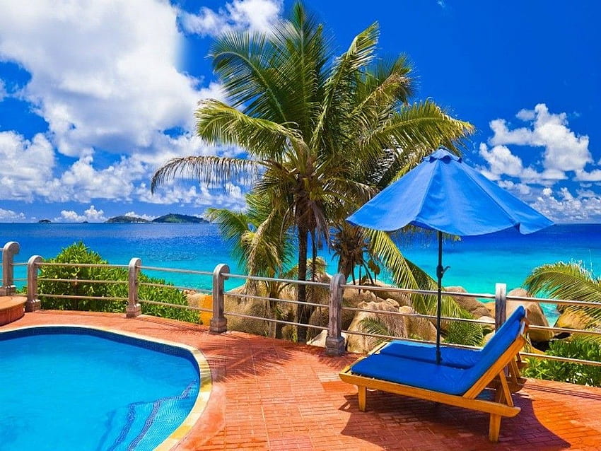 Sky: Sitting Pretty Poolside Lounge Holiday Blue Tropical Palm Sky, Vacation HD wallpaper