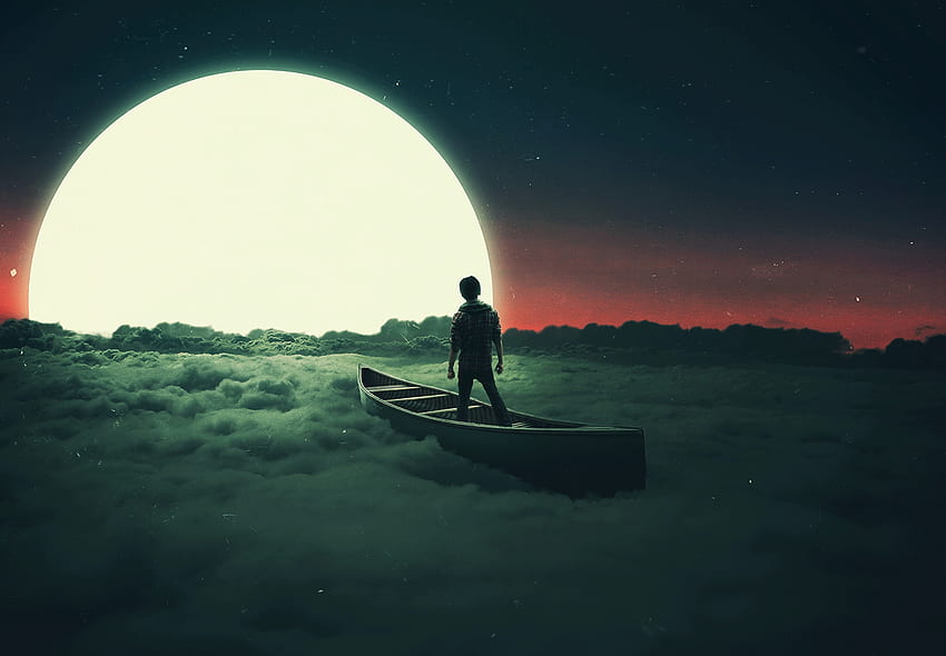 Sail to the moon, clouds, boat, art HD wallpaper