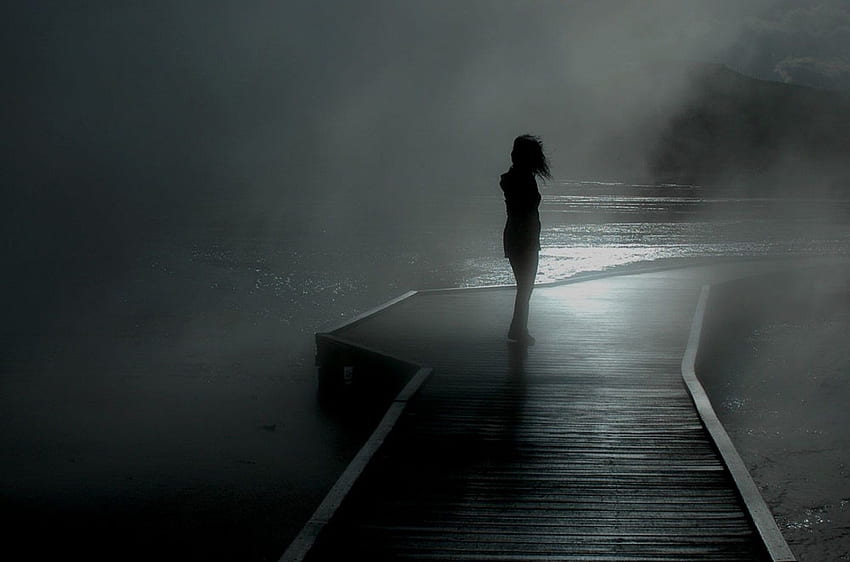 fille, pluie, marche, humeur, jetée, brouillard, Alone in Rain Fond d'écran HD