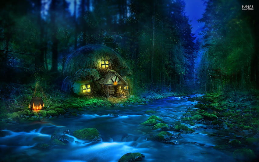 Small Riverside Hut In The Forest 24117 HD wallpaper