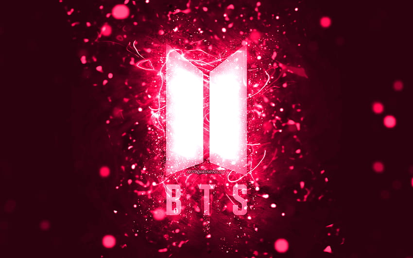 Logo merah muda BTS,, lampu neon merah muda, kreatif, latar belakang abstrak merah muda, Bangtan Boys, logo BTS, bintang musik, BTS, logo Bangtan Boys Wallpaper HD