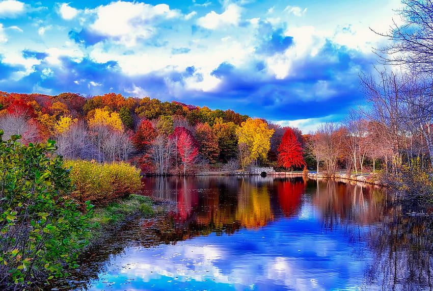 Autumn park, island, colorful, lover, fall, colors, lake, park, reflection, clouds, trees, autumn, sky, lovely, forest HD wallpaper