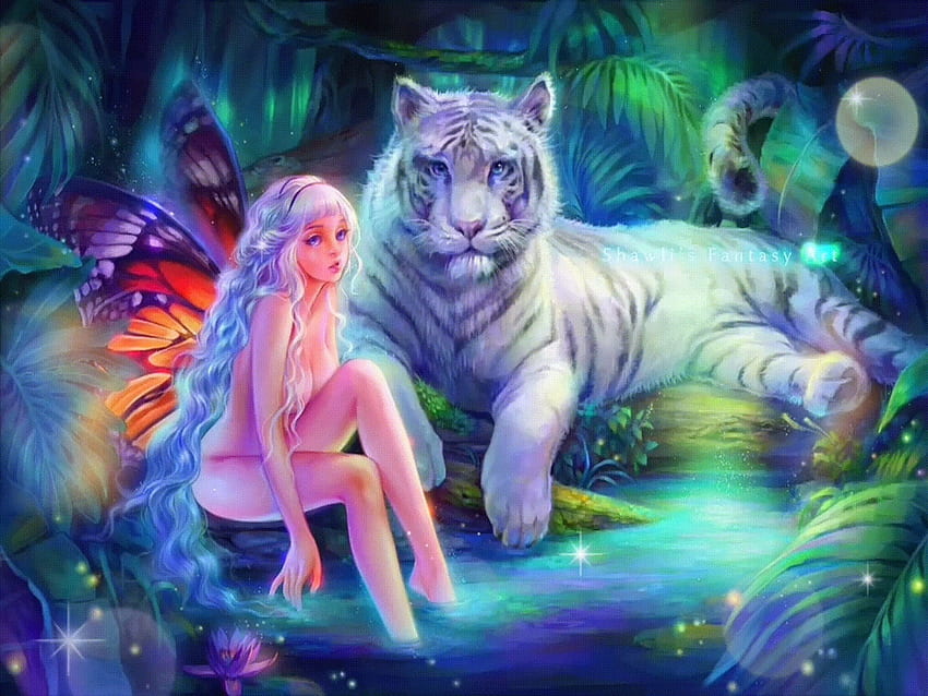 Best Friends, fairy, digital, art, fantasy, tiger, , beautiful, girl HD wallpaper