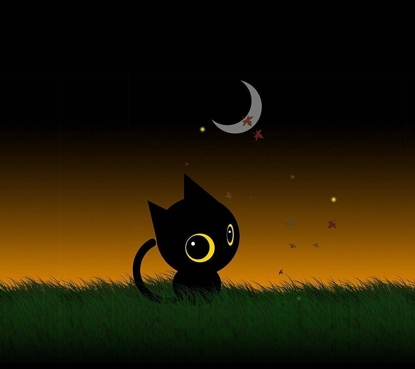 Черната котка, сладък анимационен филм с черна котка HD тапет